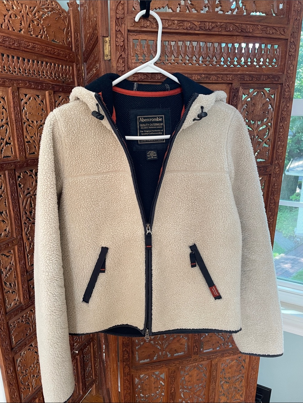 Abercrombie & Fitch Cream Sherpa Jacket with Navy & Orange Trim